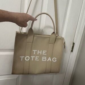 Beige Tote Bag with White Text